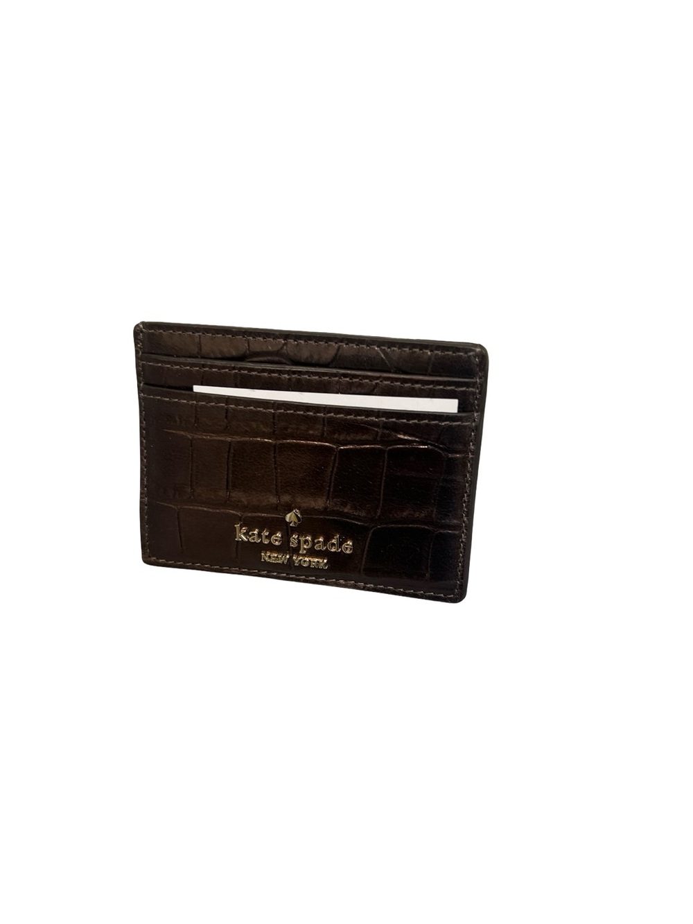 kate spade Croc-Embossed Brown metallic Leather Card Sleeve with Gold Logo